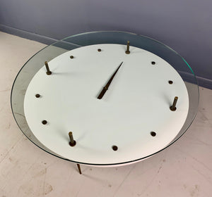 Italian Round Clock Coffee Table in Brass and Lacquer with Glass Top Mid Century