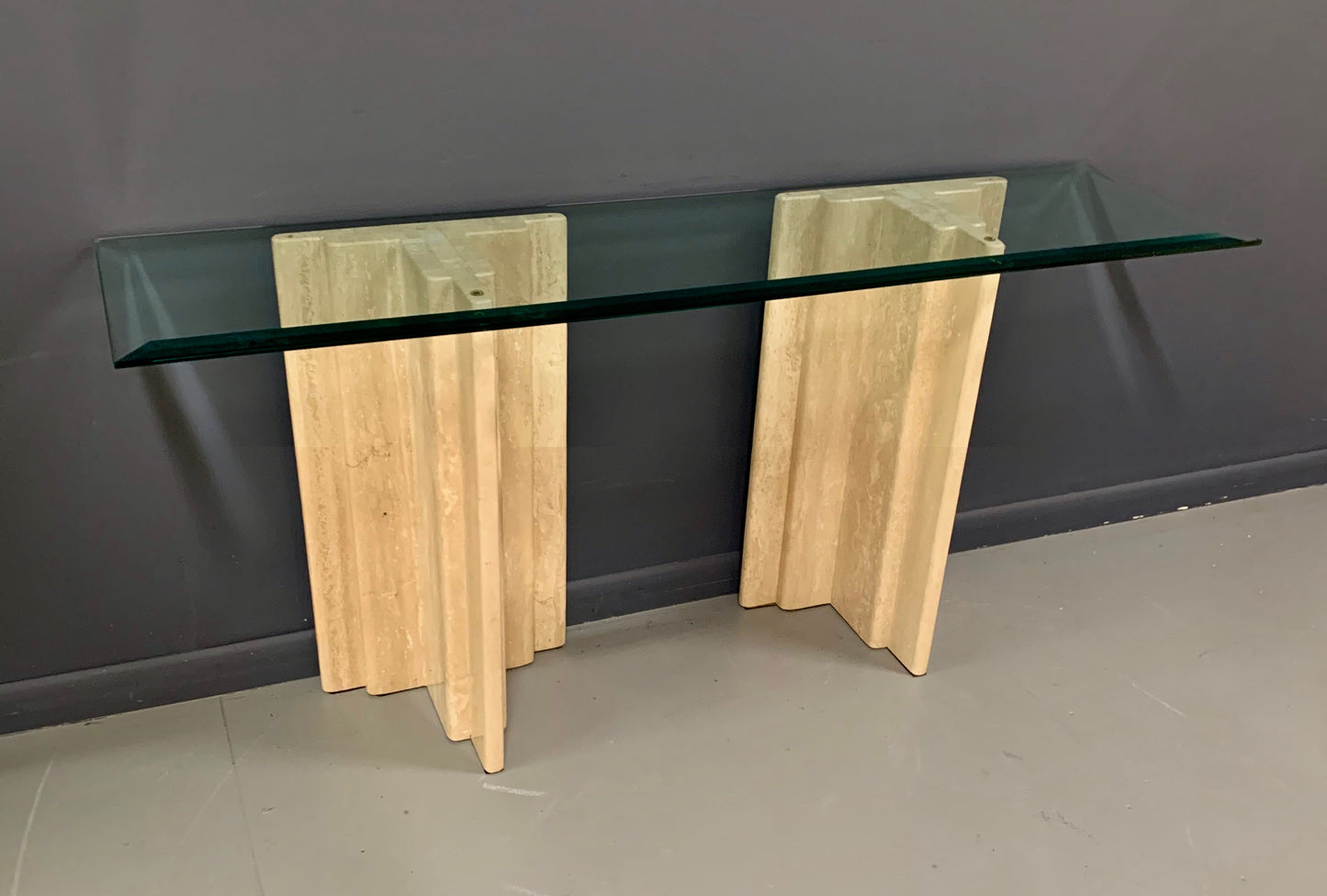 SOLD – Midcentury Italian Travertine and Glass Console Table