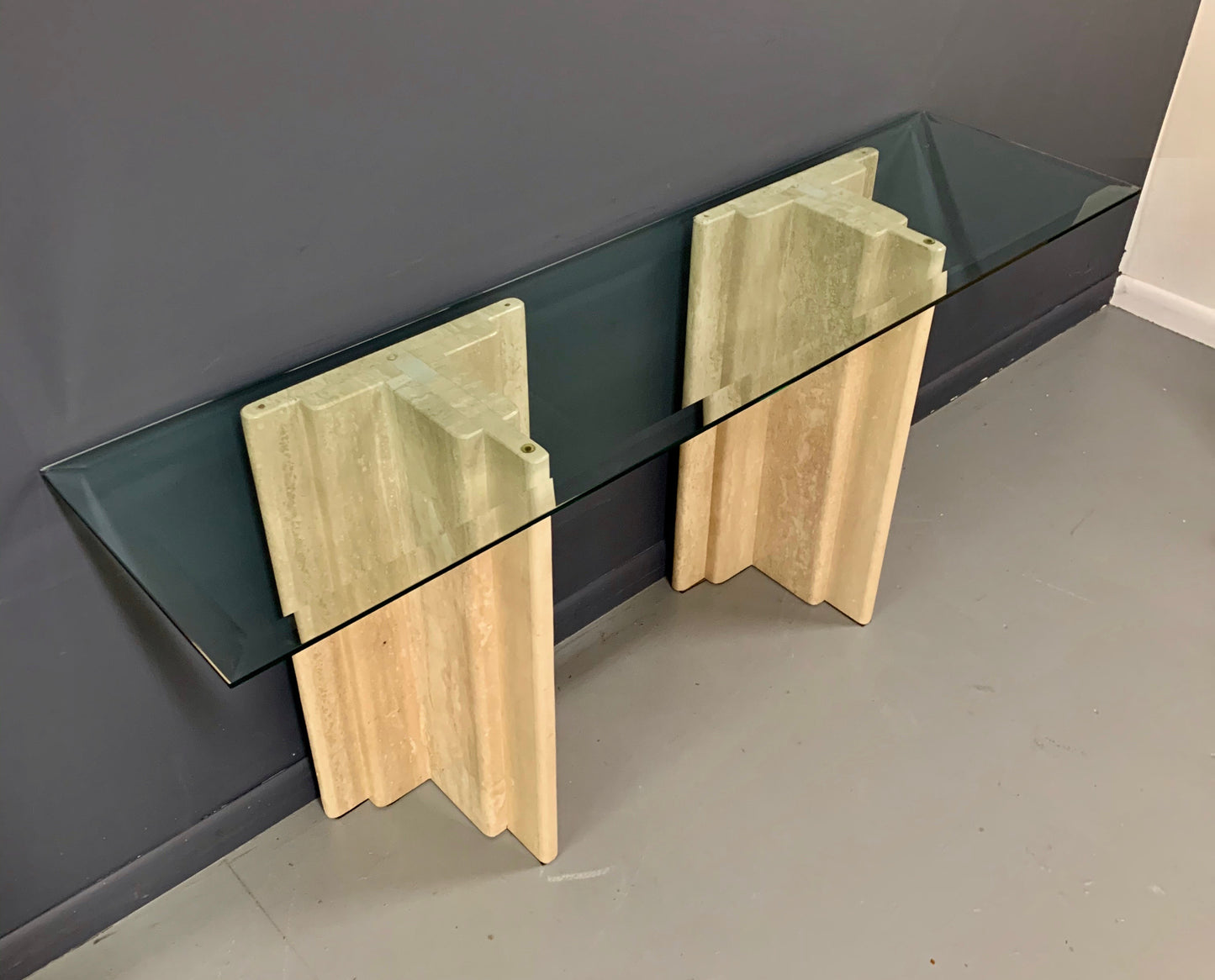 SOLD – Midcentury Italian Travertine and Glass Console Table