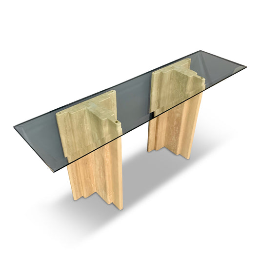 SOLD – Midcentury Italian Travertine and Glass Console Table