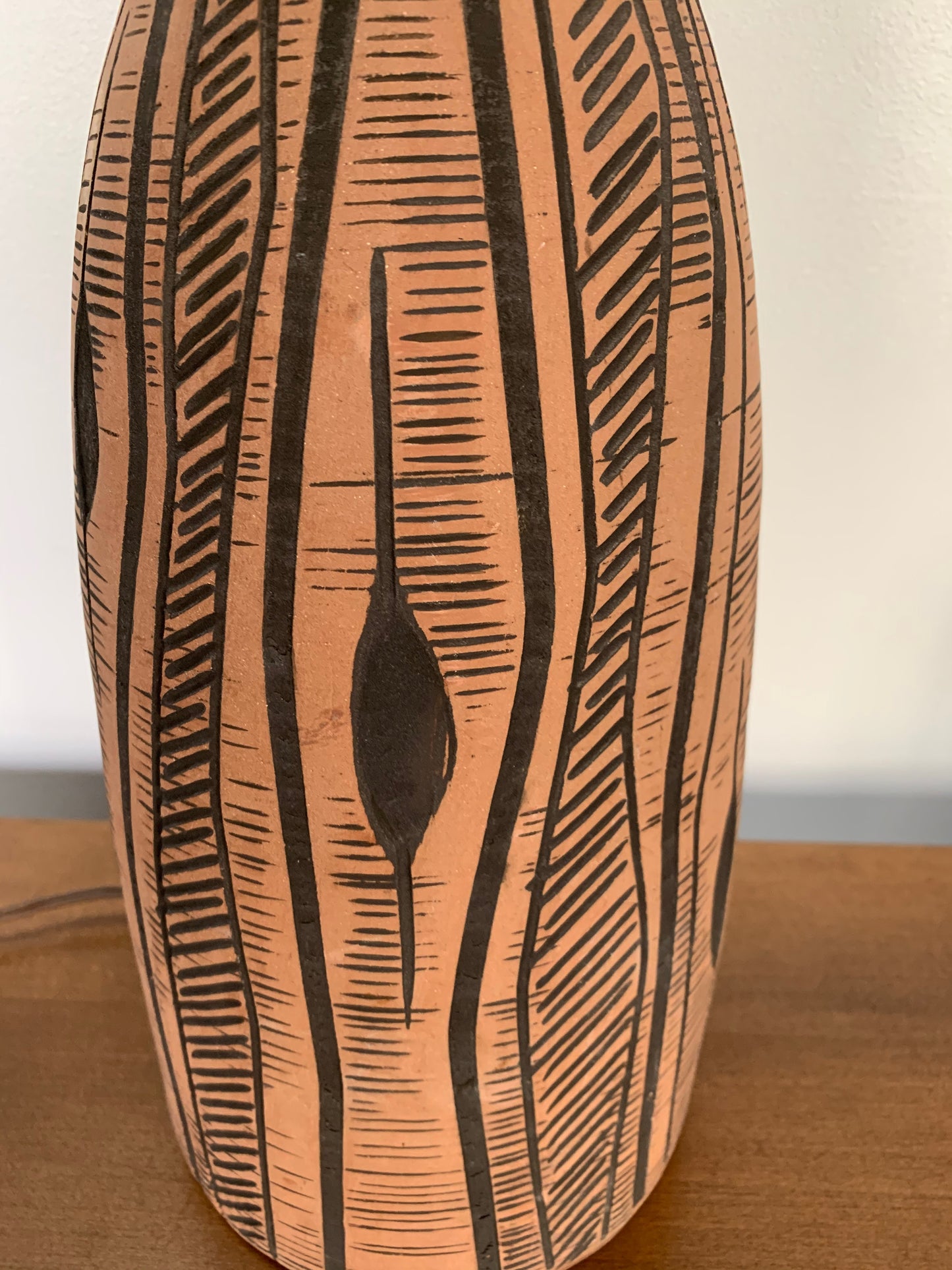 Lee Rosen for Design-Technics Terracotta Lamp with Incised Black Design