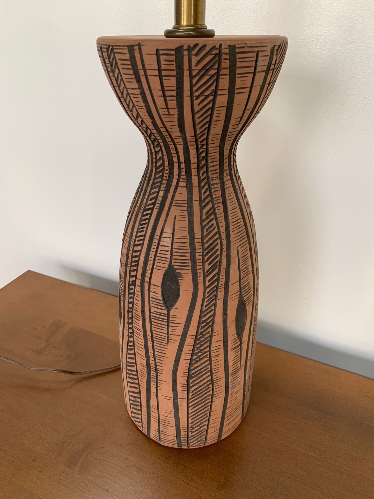 Lee Rosen for Design-Technics Terracotta Lamp with Incised Black Design