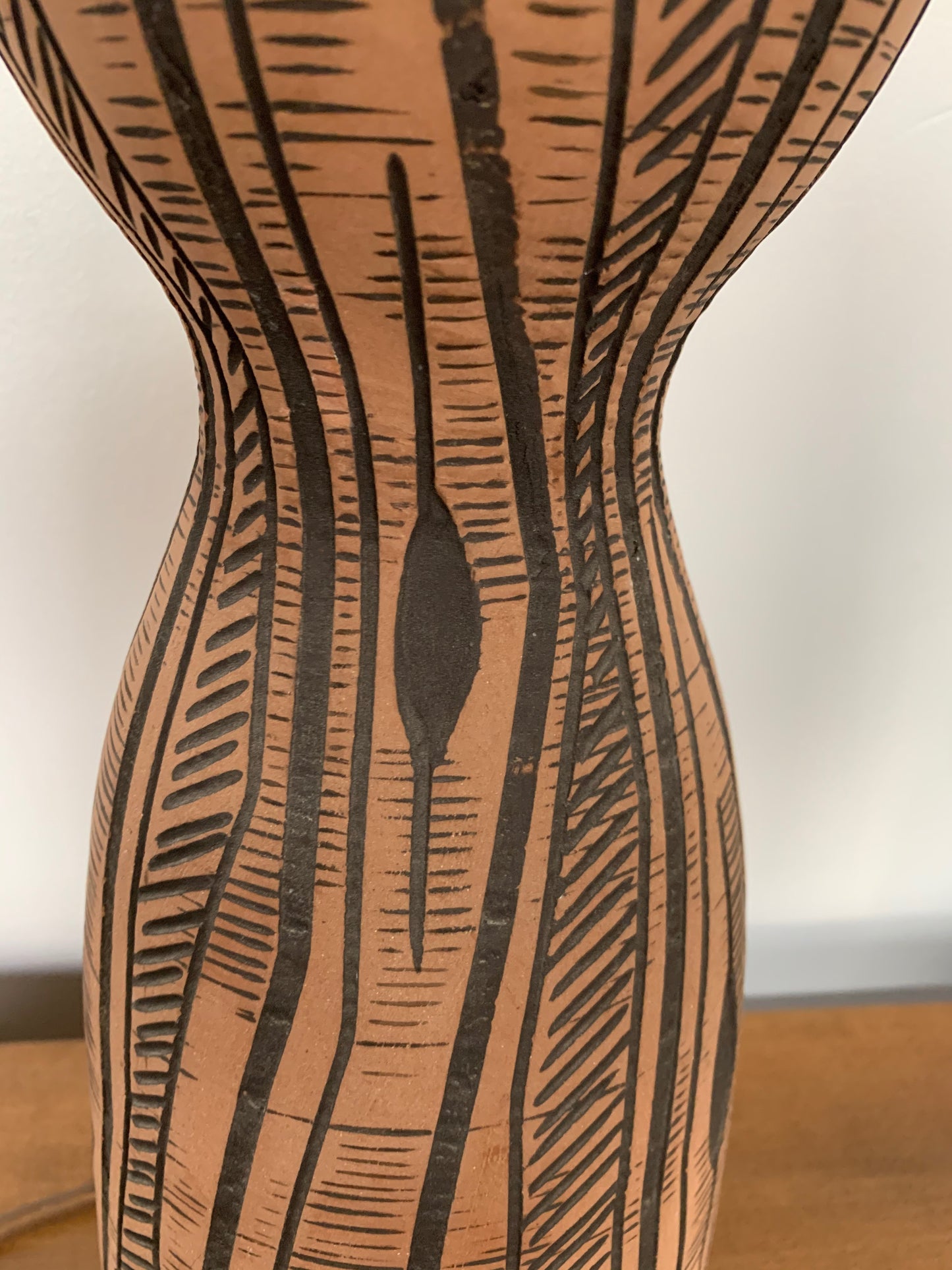 Lee Rosen for Design-Technics Terracotta Lamp with Incised Black Design