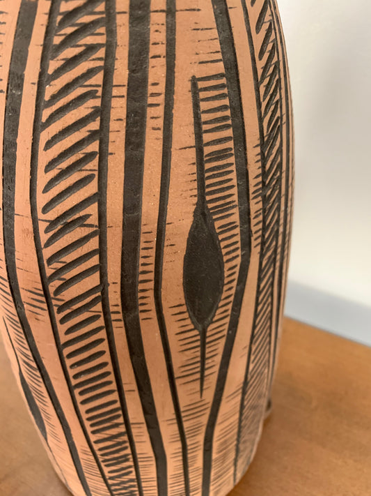 Lee Rosen for Design-Technics Terracotta Lamp with Incised Black Design