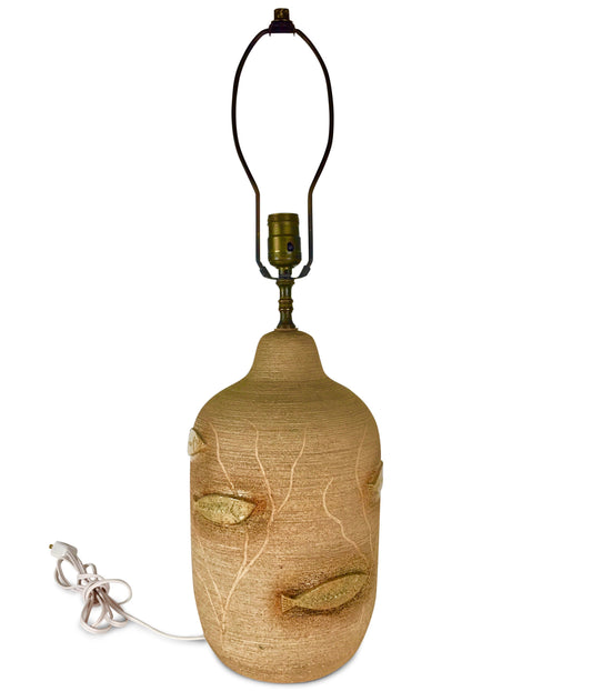 French Ceramic Lamp with incised design and appliqué fish