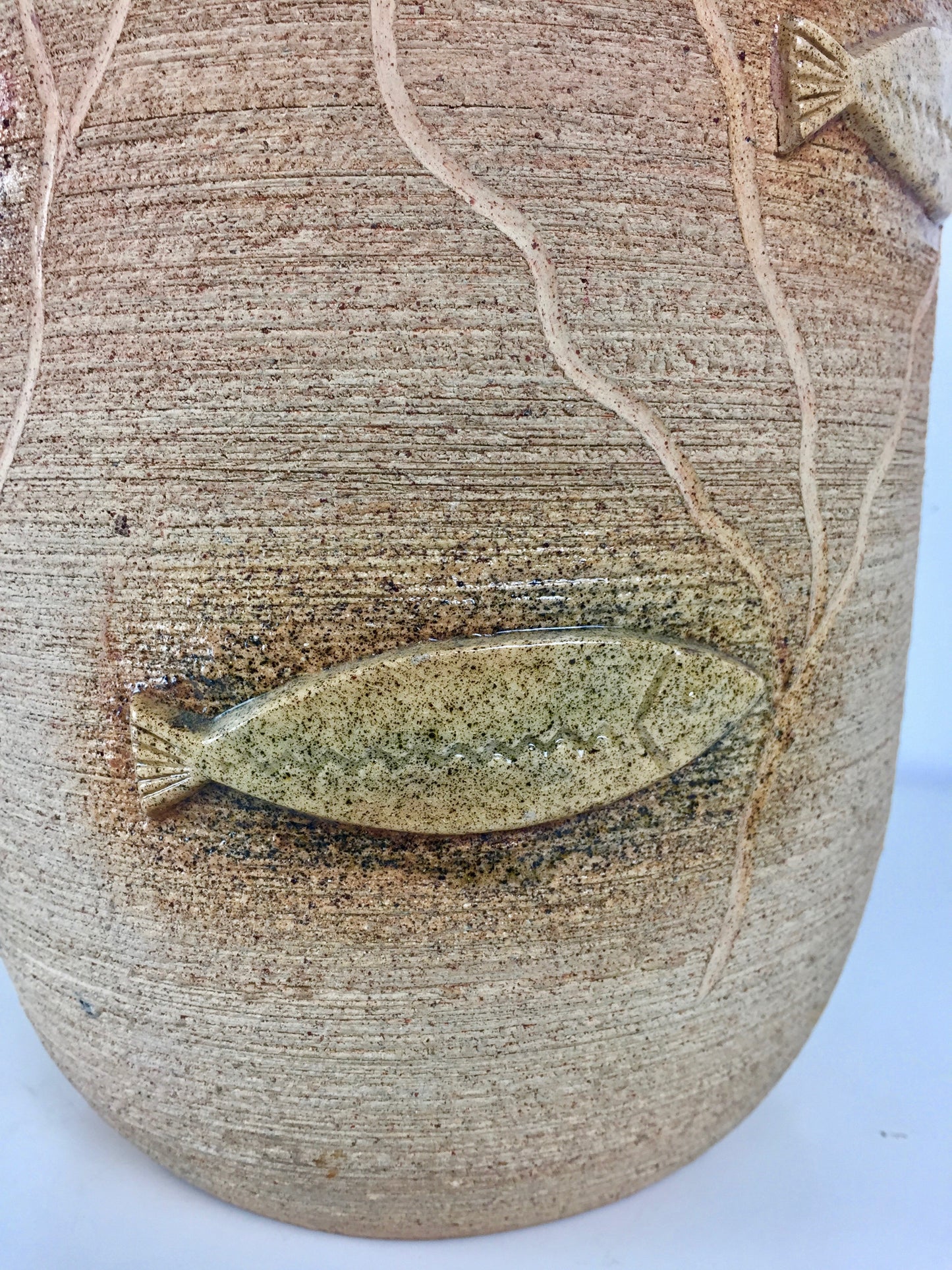 French Ceramic Lamp with incised design and appliqué fish