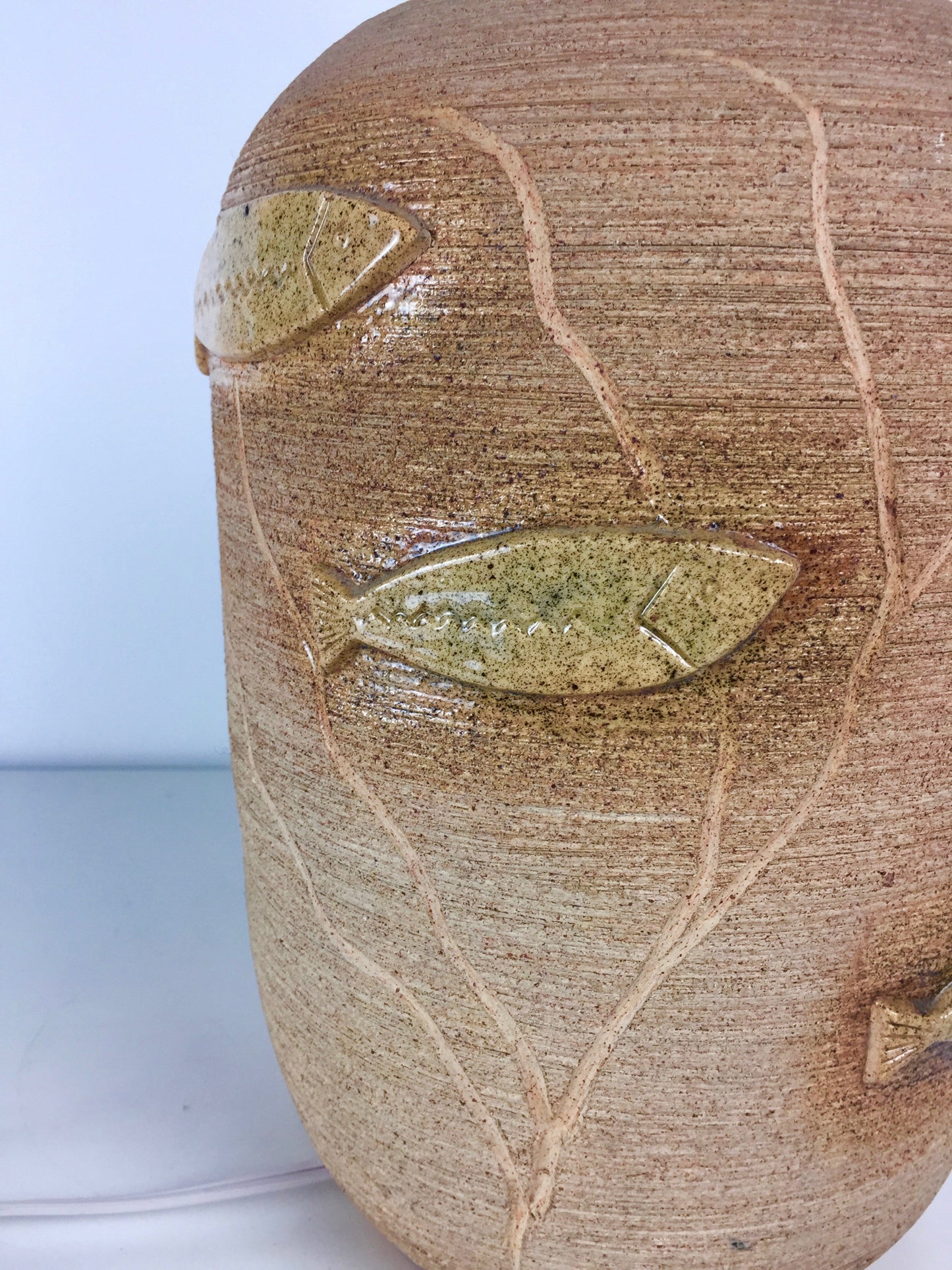 French Ceramic Lamp with incised design and appliqué fish