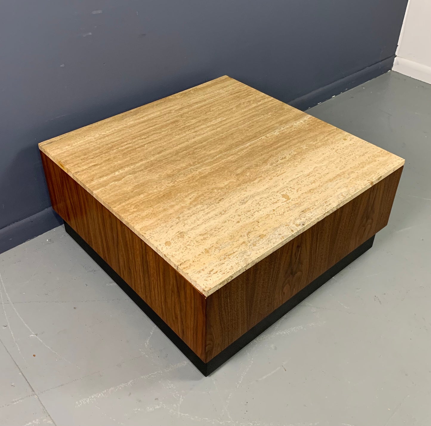 Travertine and Walnut Mid-Century Coffee Table on a Black Plinth Base