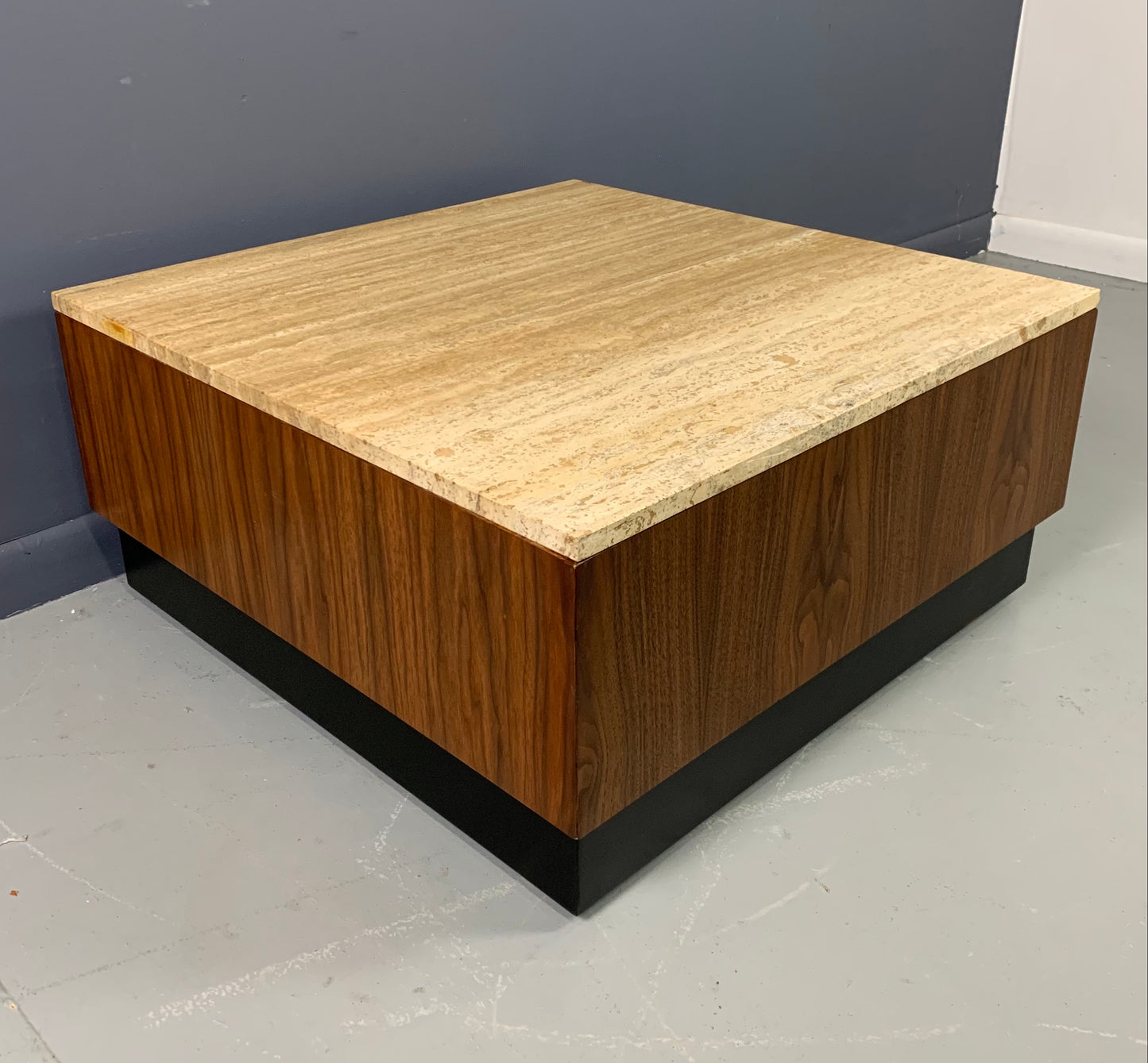 Travertine and Walnut Mid-Century Coffee Table on a Black Plinth Base