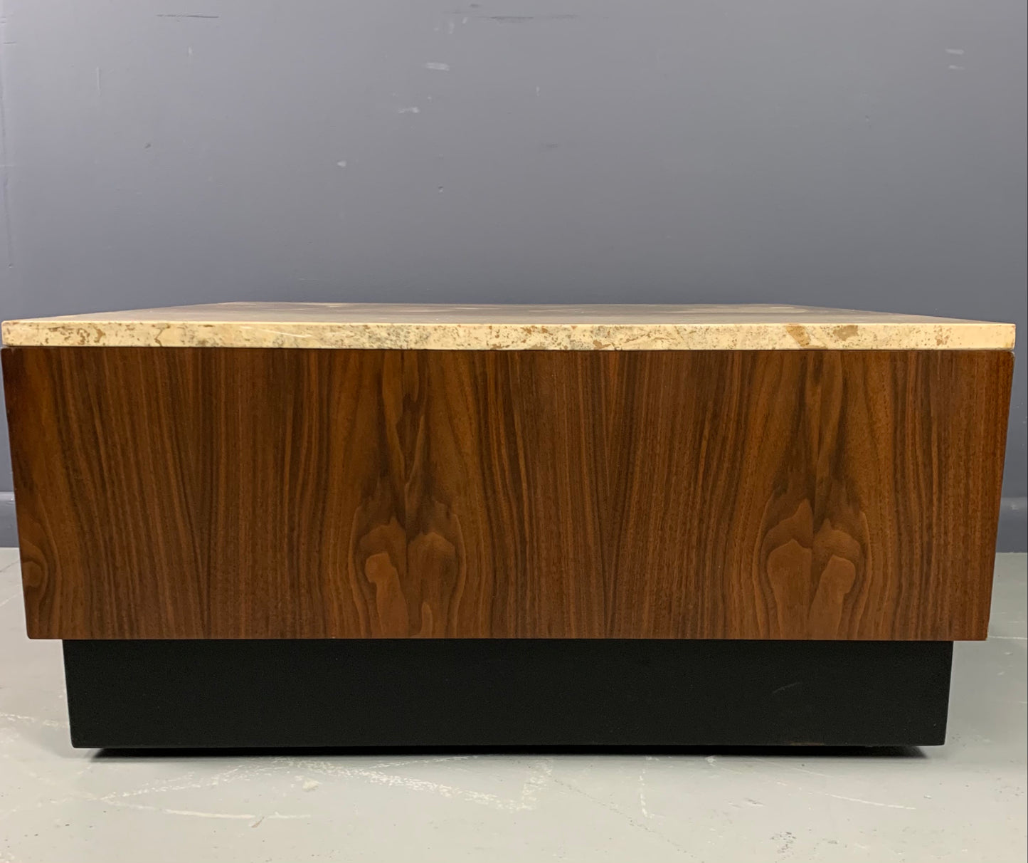 Travertine and Walnut Mid-Century Coffee Table on a Black Plinth Base