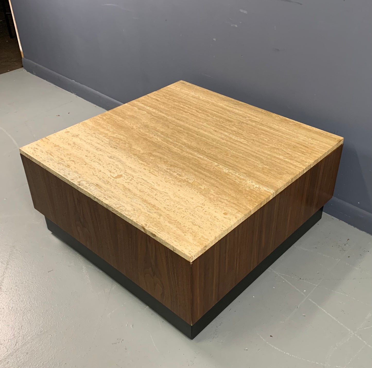 Travertine and Walnut Mid-Century Coffee Table on a Black Plinth Base