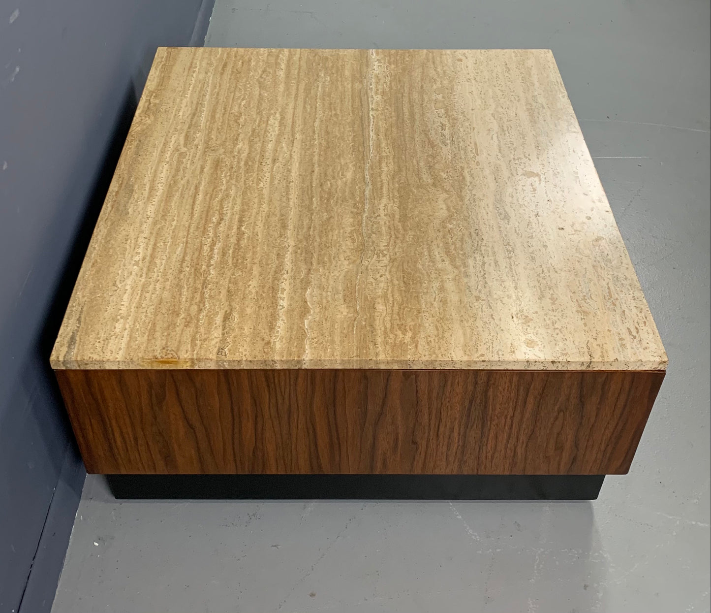 Travertine and Walnut Mid-Century Coffee Table on a Black Plinth Base
