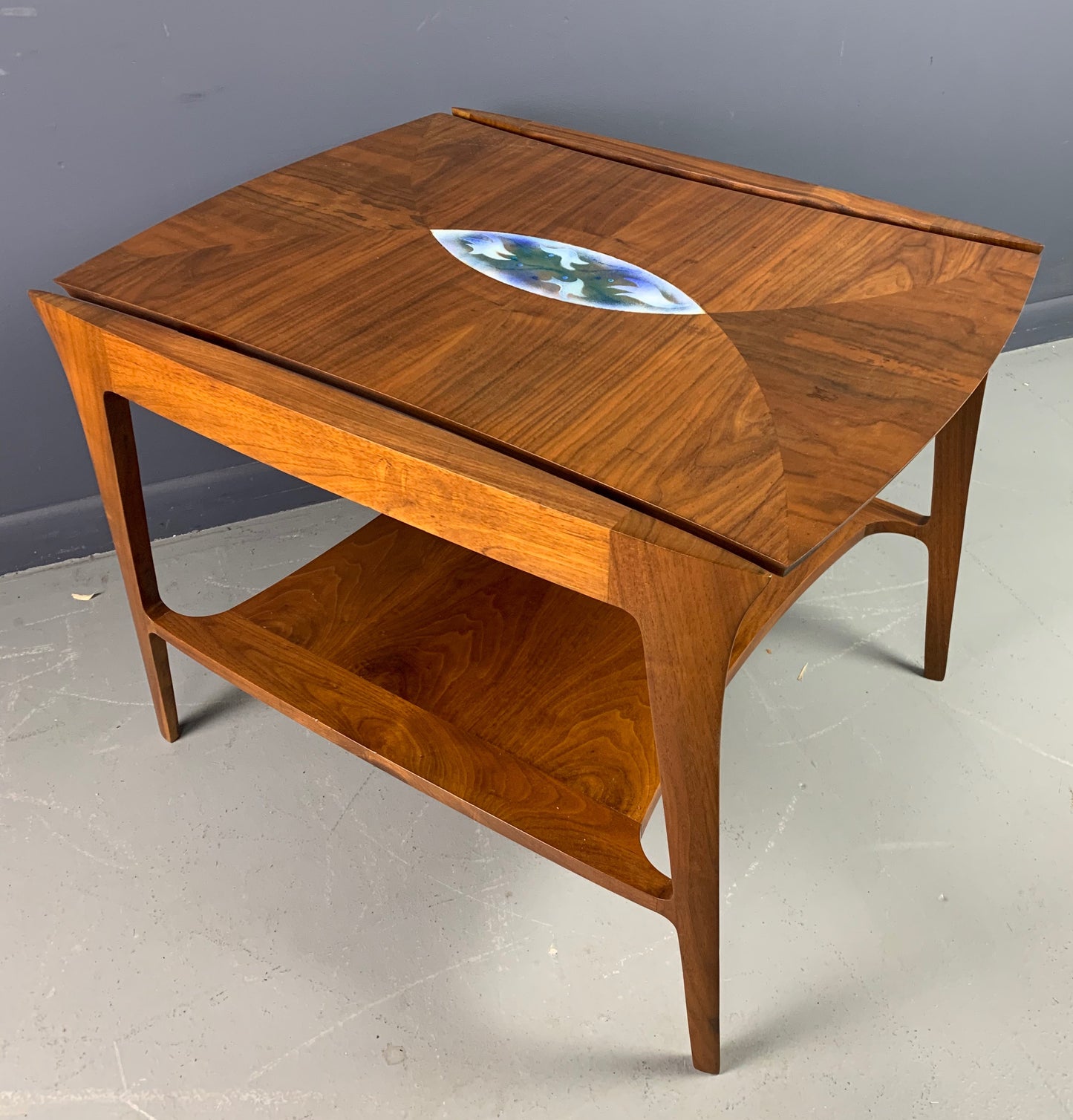 Danish Mid Century Walnut Sculpted Side Table with Enameled Insert of Birds