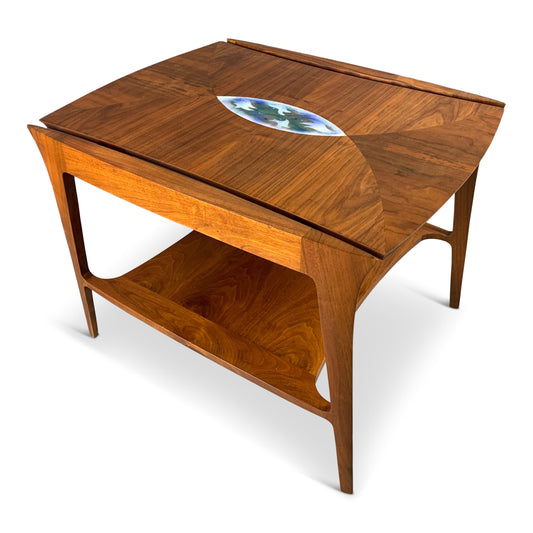 Danish Mid Century Walnut Sculpted Side Table with Enameled Insert of Birds