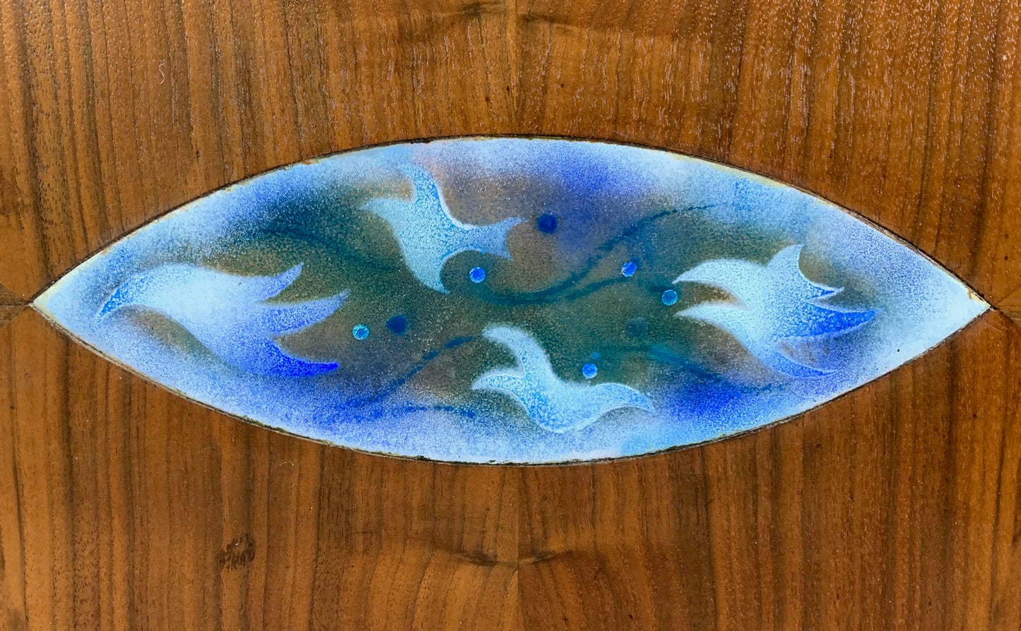 Danish Mid Century Walnut Sculpted Side Table with Enameled Insert of Birds