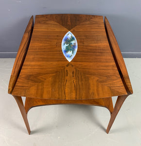 Danish Mid Century Walnut Sculpted Side Table with Enameled Insert of Birds