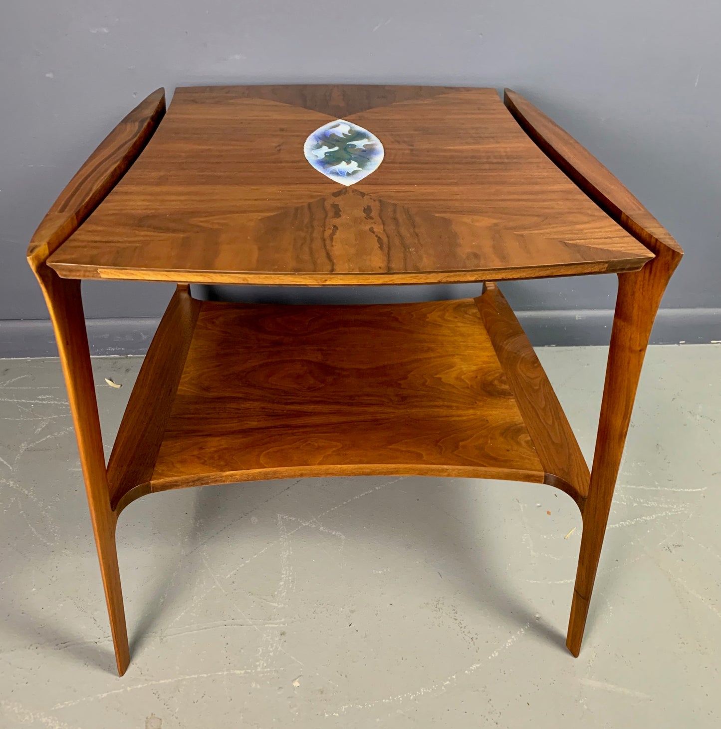 Danish Mid Century Walnut Sculpted Side Table with Enameled Insert of Birds