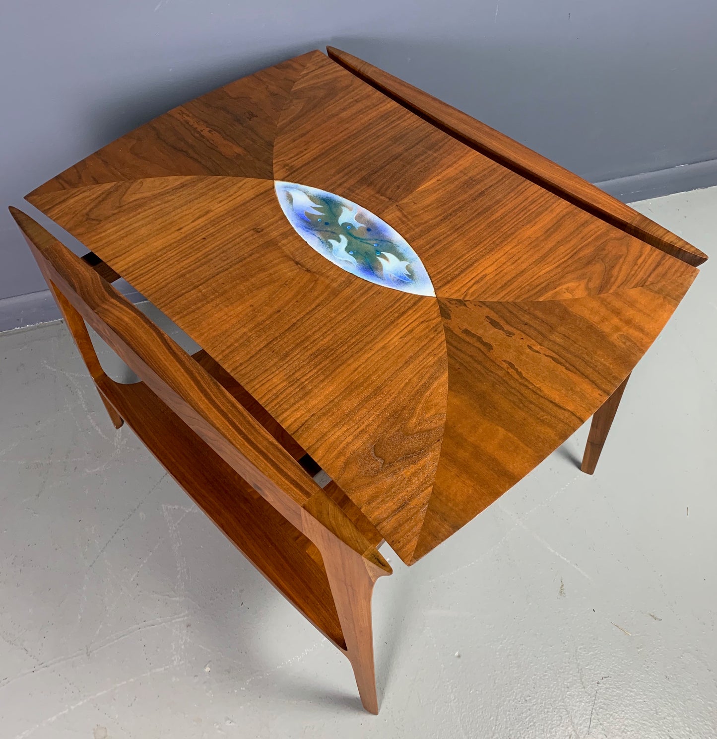 Danish Mid Century Walnut Sculpted Side Table with Enameled Insert of Birds
