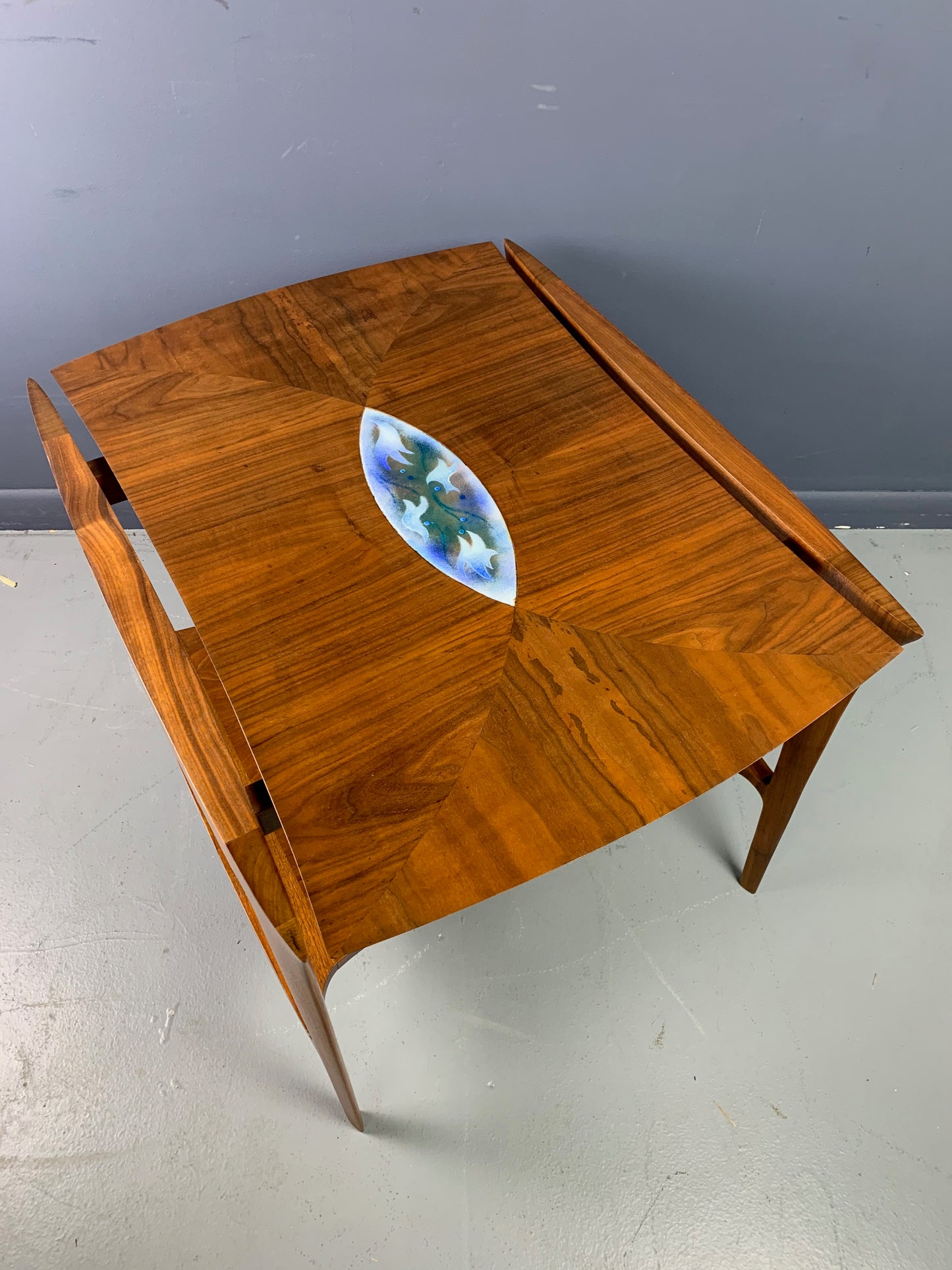 Danish Mid Century Walnut Sculpted Side Table with Enameled Insert of Birds