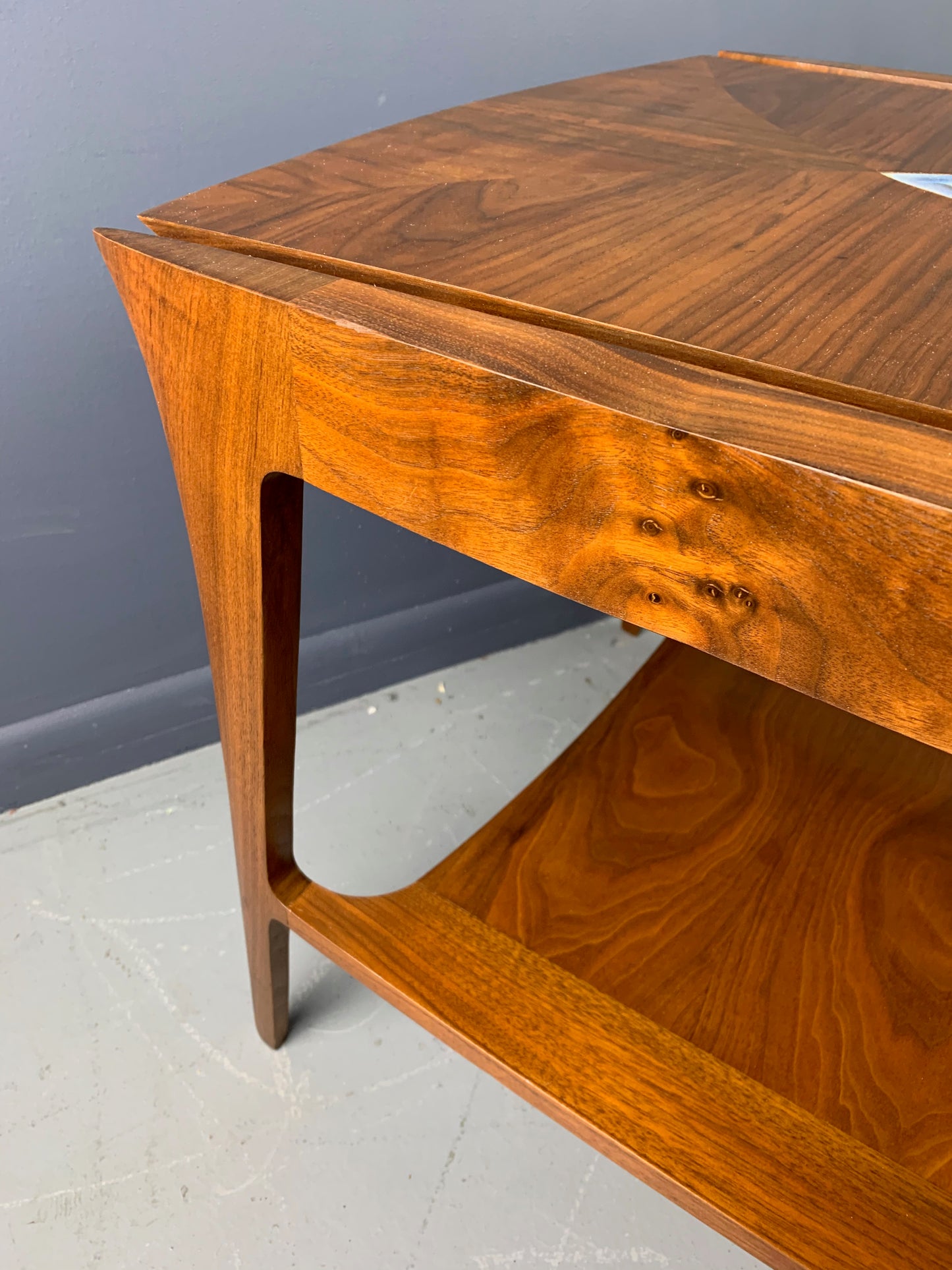 Danish Mid Century Walnut Sculpted Side Table with Enameled Insert of Birds