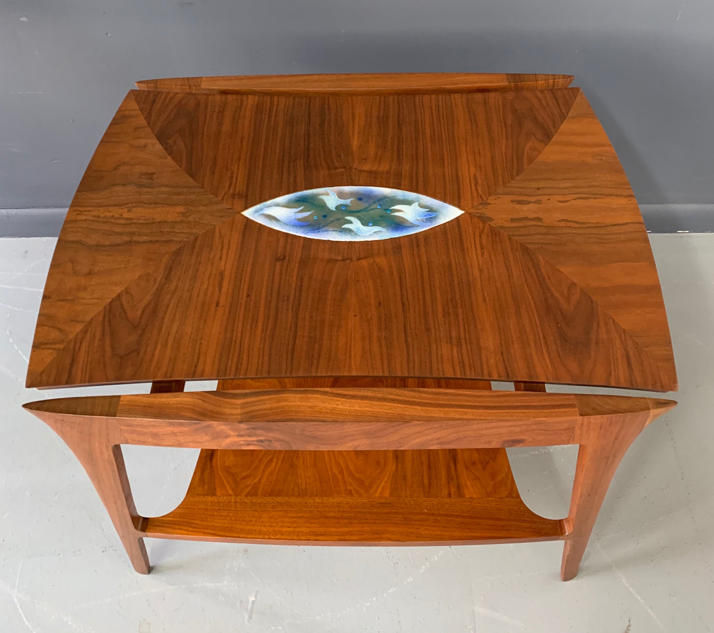 Danish Mid Century Walnut Sculpted Side Table with Enameled Insert of Birds