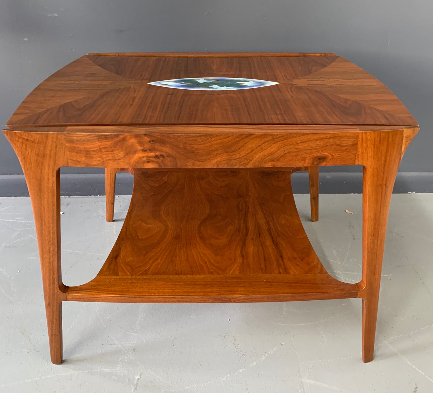 Danish Mid Century Walnut Sculpted Side Table with Enameled Insert of Birds