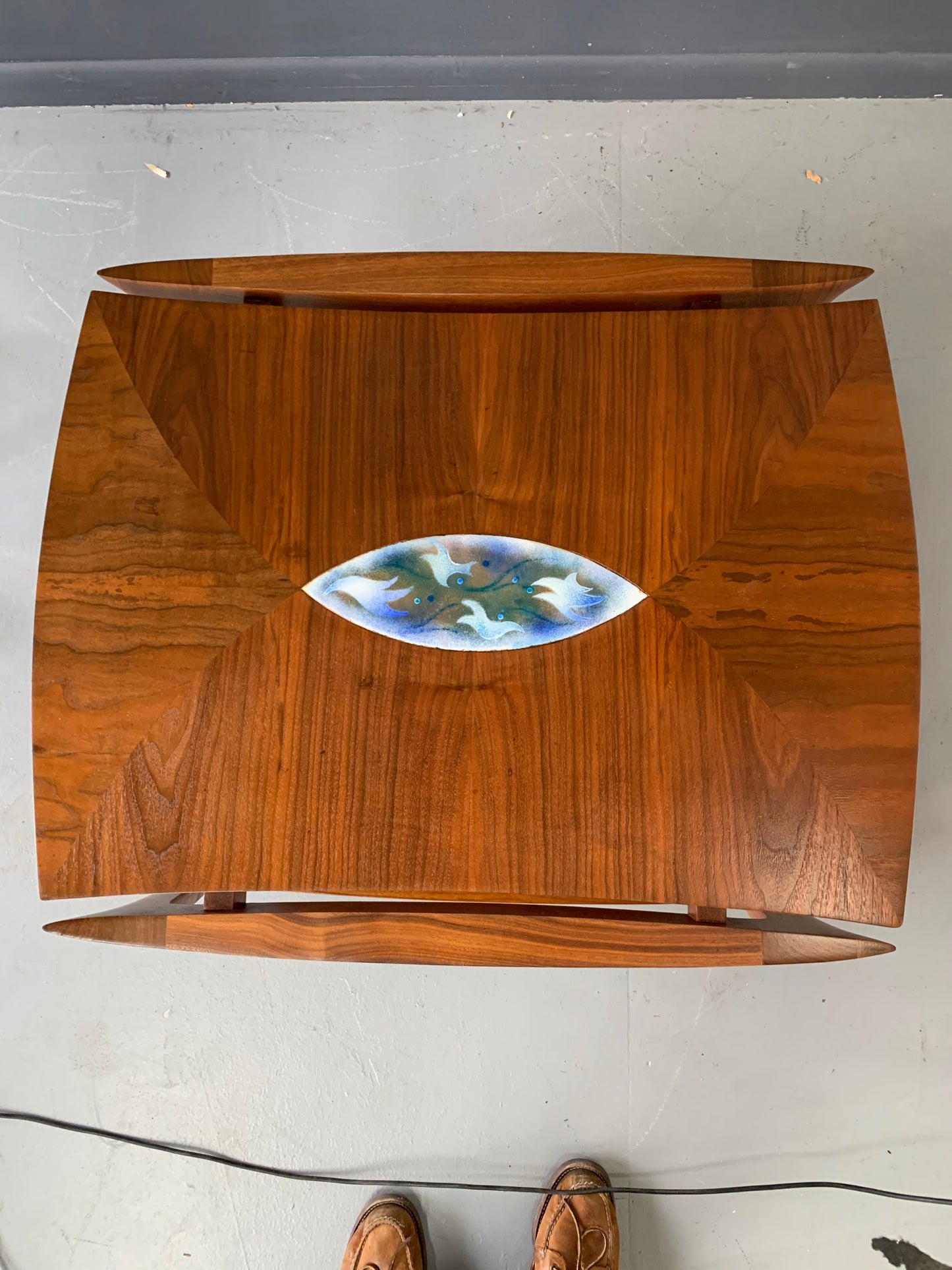 Danish Mid Century Walnut Sculpted Side Table with Enameled Insert of Birds
