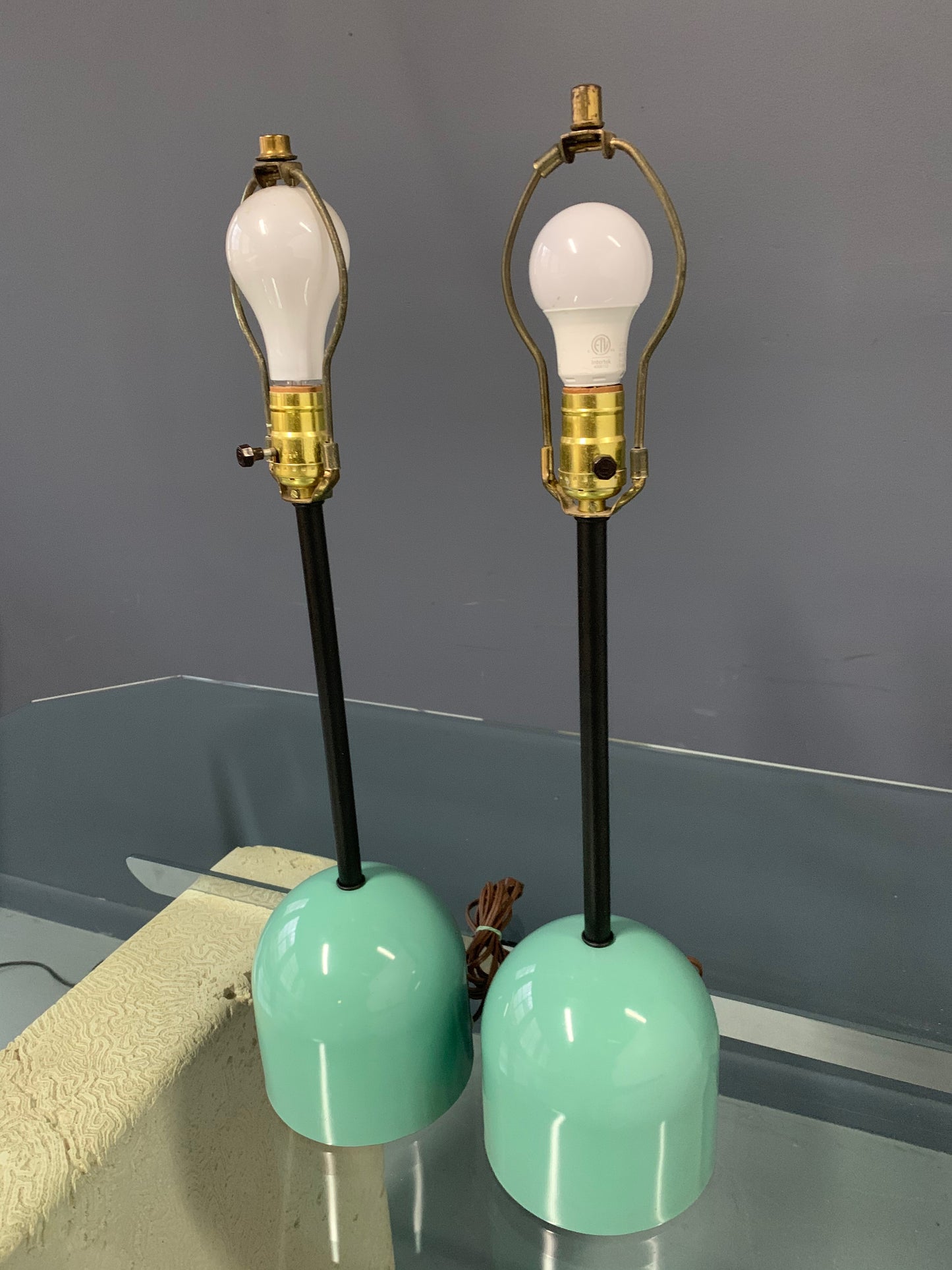 SOLD – 1990s Post Modern Mint Green Table Lamps in the Style of Michele De Lucchi - a Pair