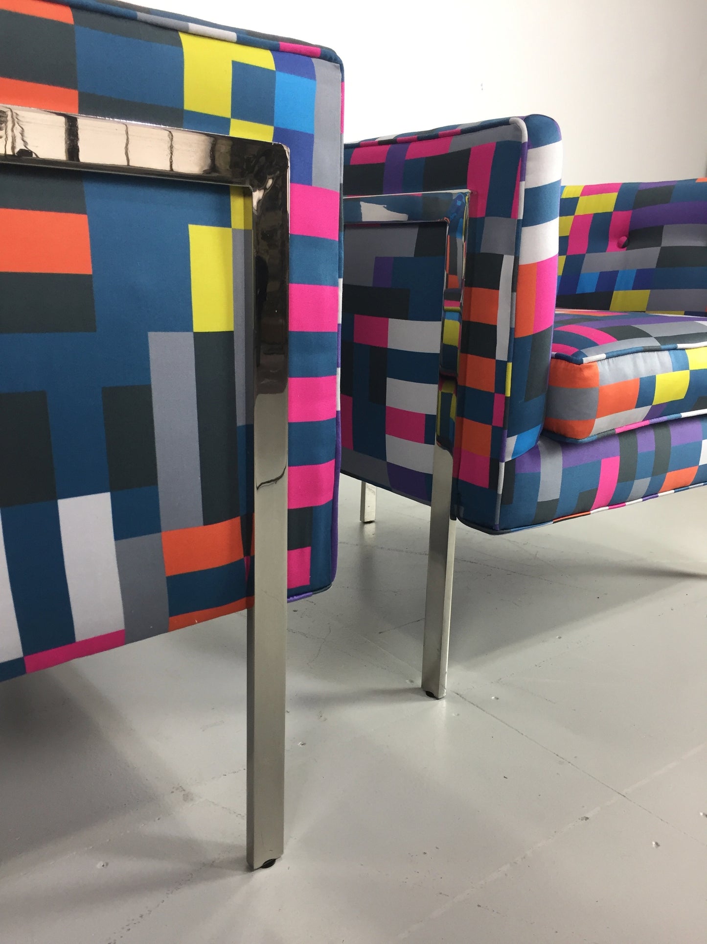 Harvey Probber Style Pair of Club Chairs in Chrome and Knoll Fabric