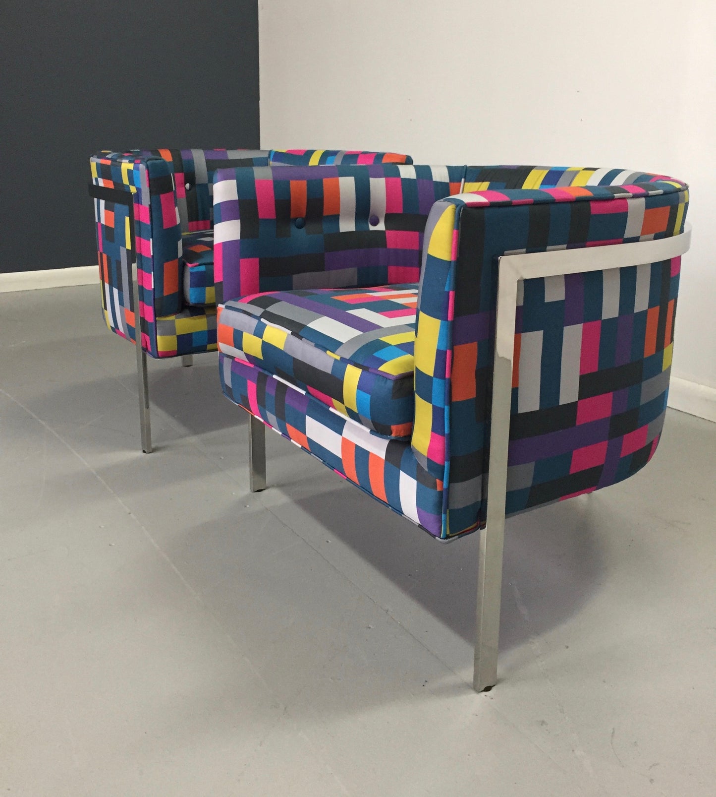 Harvey Probber Style Pair of Club Chairs in Chrome and Knoll Fabric