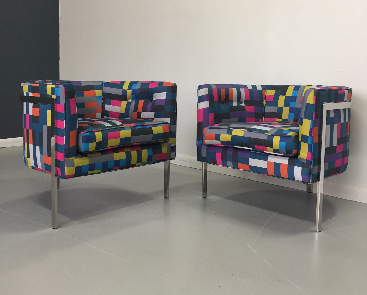 Harvey Probber Style Pair of Club Chairs in Chrome and Knoll Fabric