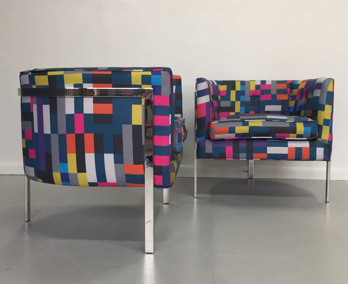 Harvey Probber Style Pair of Club Chairs in Chrome and Knoll Fabric