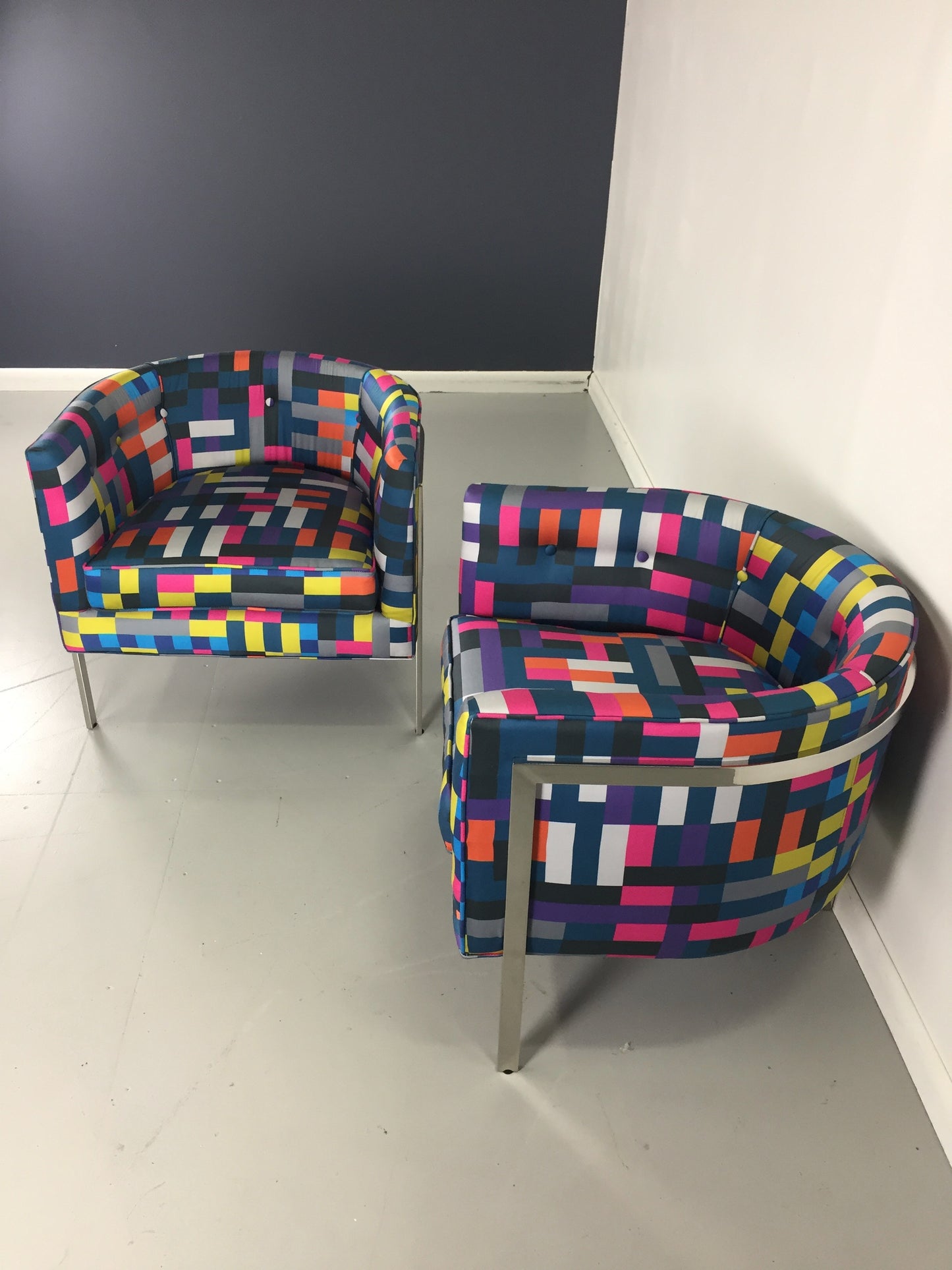 Harvey Probber Style Pair of Club Chairs in Chrome and Knoll Fabric