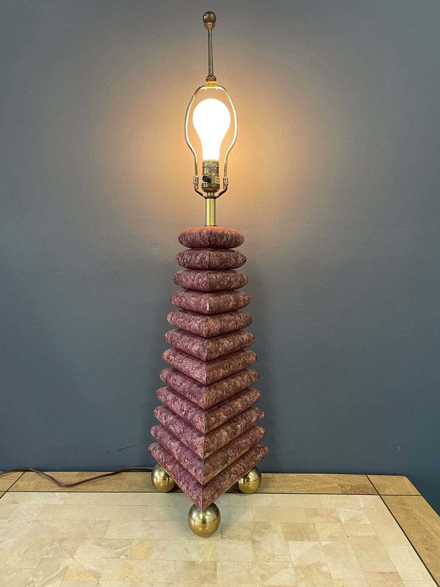 SOLD – Chapman Stacked Table Lamp in a faux goatskin finish with Brass Ball Feet