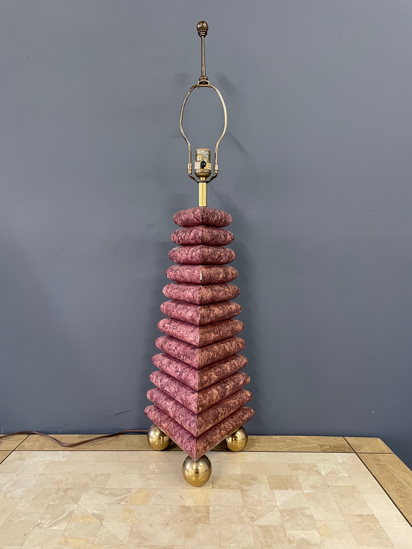 SOLD – Chapman Stacked Table Lamp in a faux goatskin finish with Brass Ball Feet