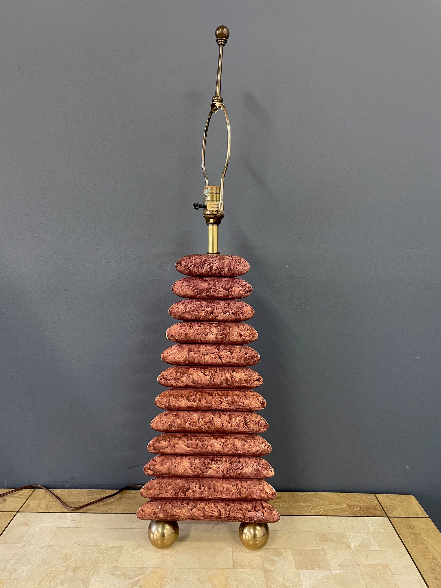 SOLD – Chapman Stacked Table Lamp in a faux goatskin finish with Brass Ball Feet