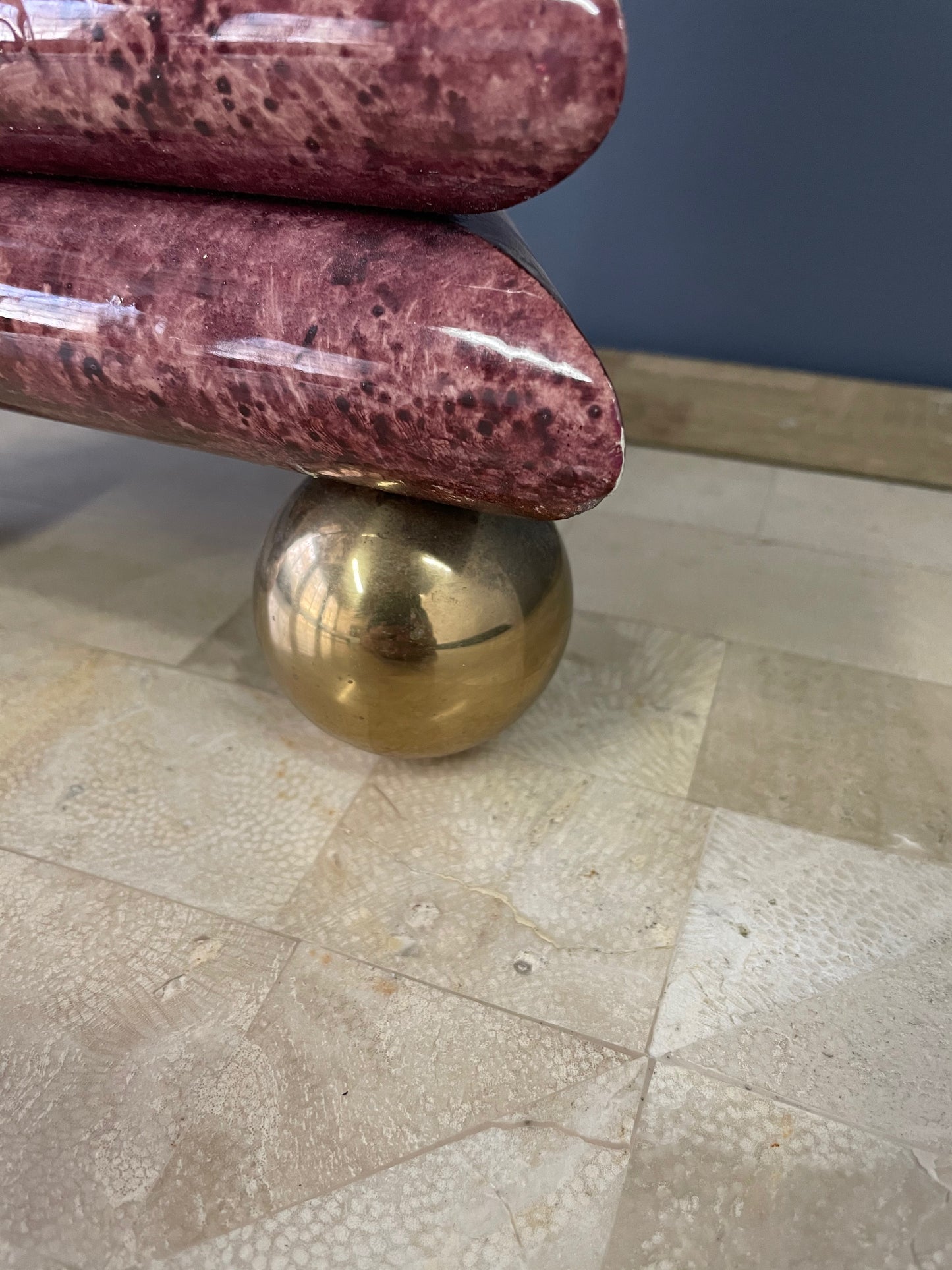 SOLD – Chapman Stacked Table Lamp in a faux goatskin finish with Brass Ball Feet
