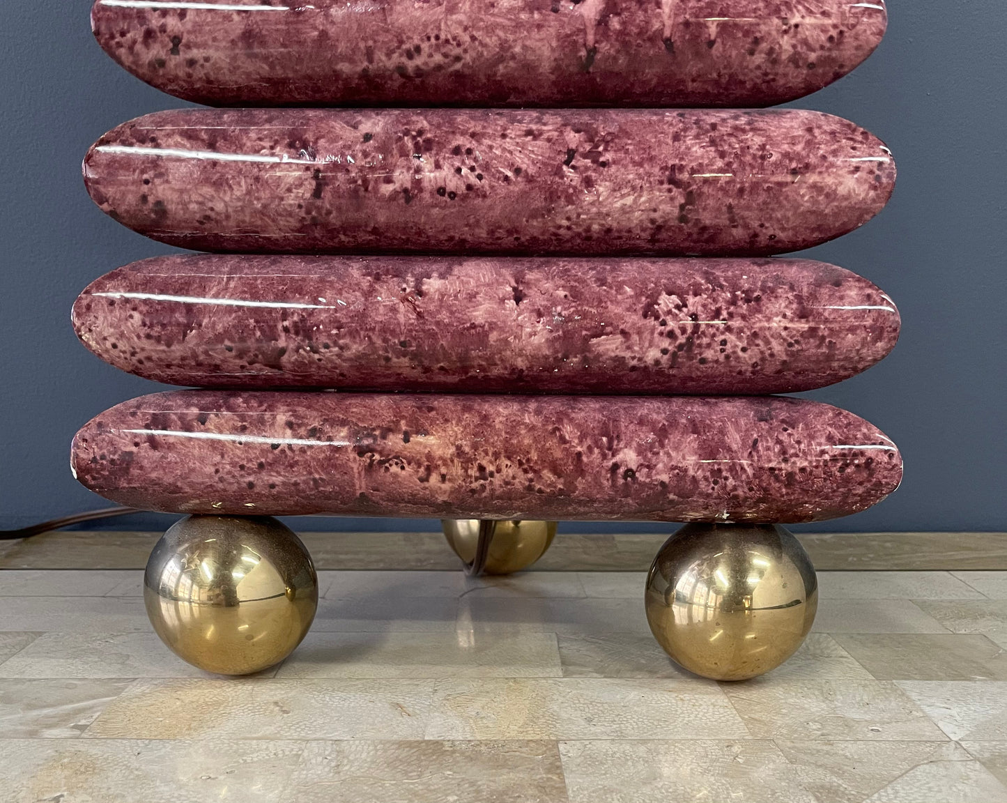 SOLD – Chapman Stacked Table Lamp in a faux goatskin finish with Brass Ball Feet