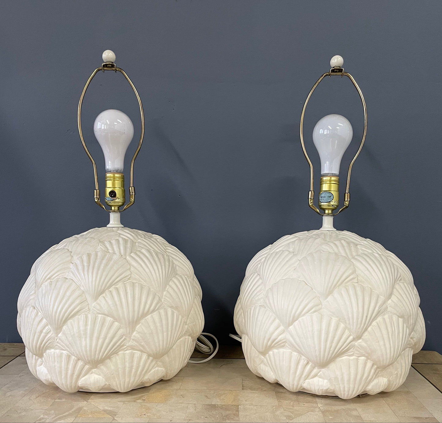 SOLD – Italian White Ceramic Pair of Table Lamps with a Seashell Motif Mid Century