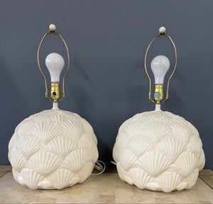 Italian White Ceramic Pair of Table Lamps with a Seashell Motif Mid Century