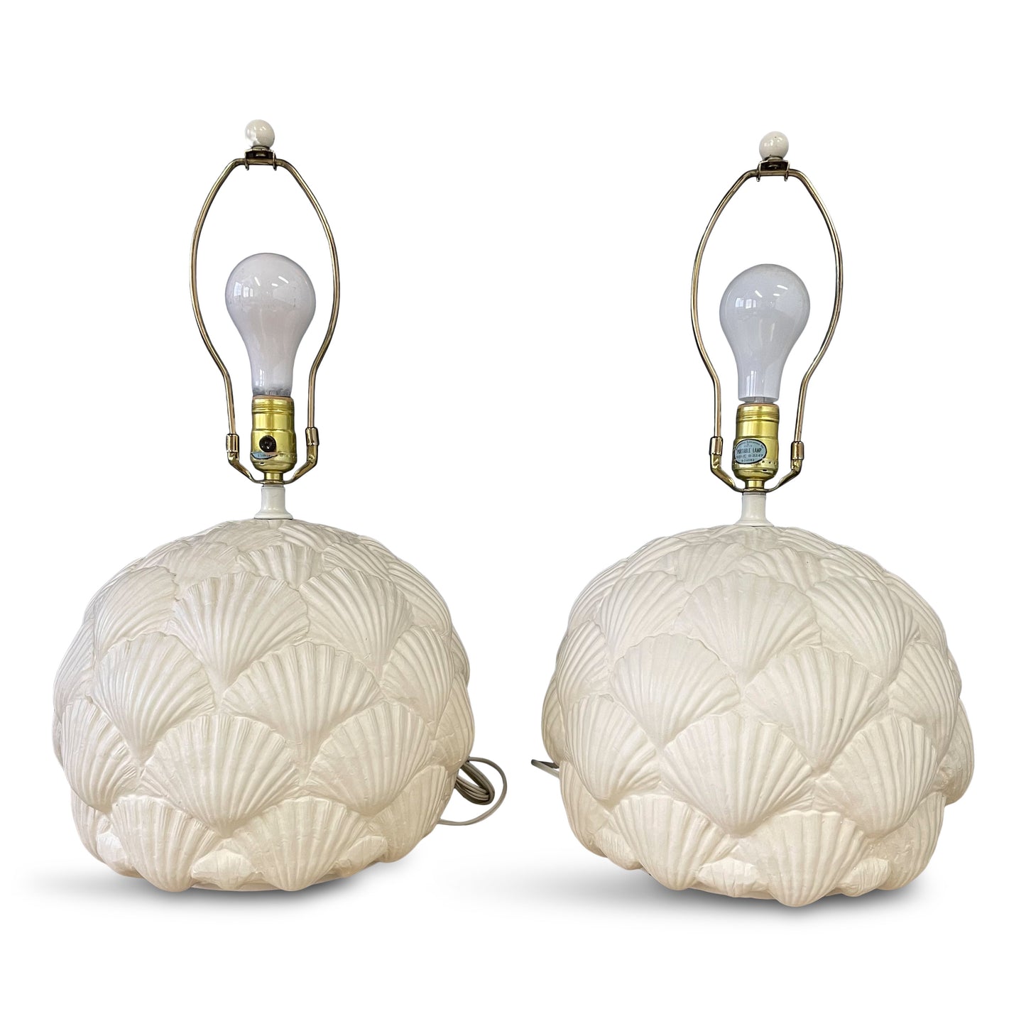 SOLD – Italian White Ceramic Pair of Table Lamps with a Seashell Motif Mid Century