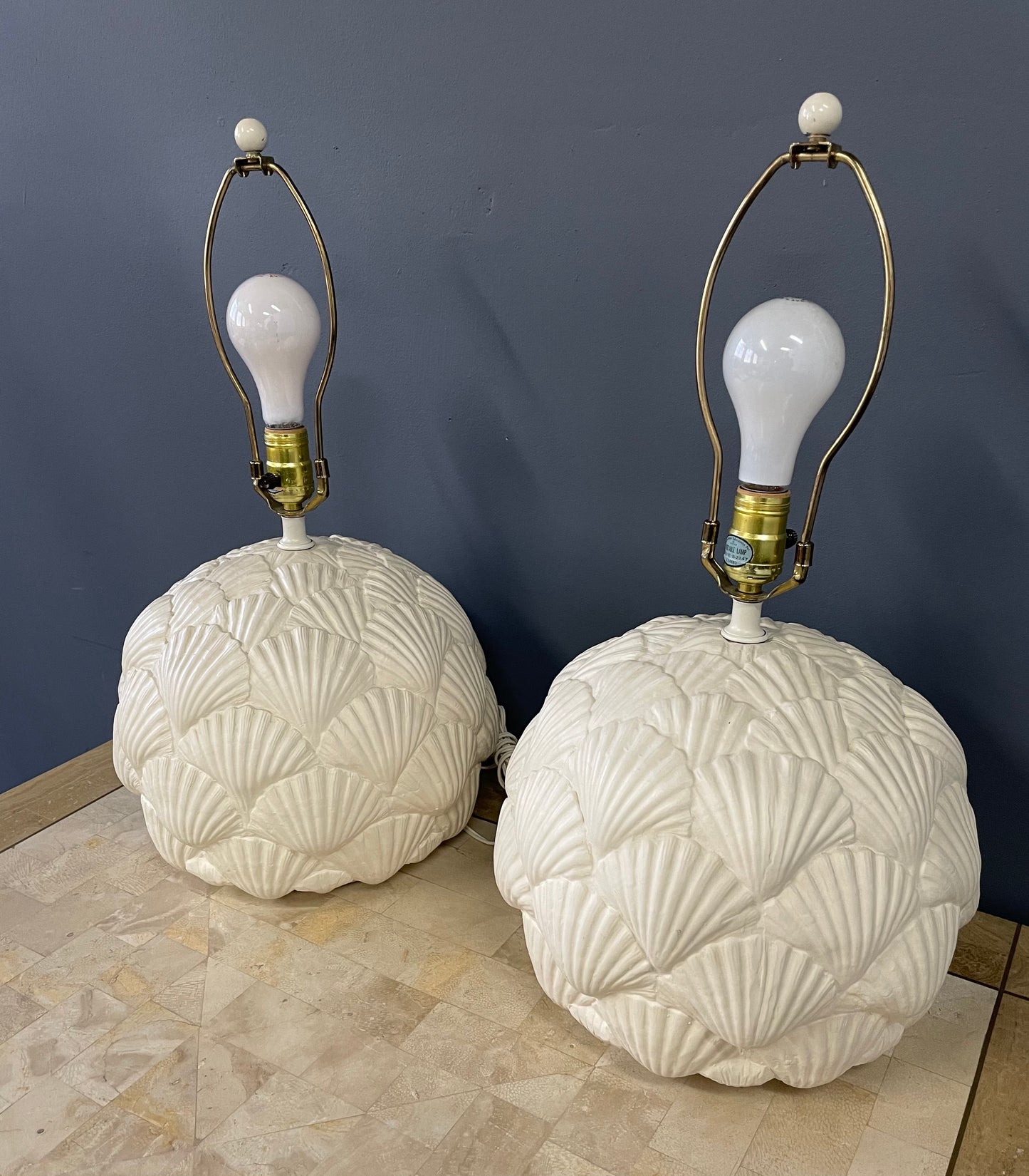 SOLD – Italian White Ceramic Pair of Table Lamps with a Seashell Motif Mid Century
