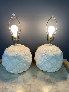 Italian White Ceramic Pair of Table Lamps with a Seashell Motif Mid Century