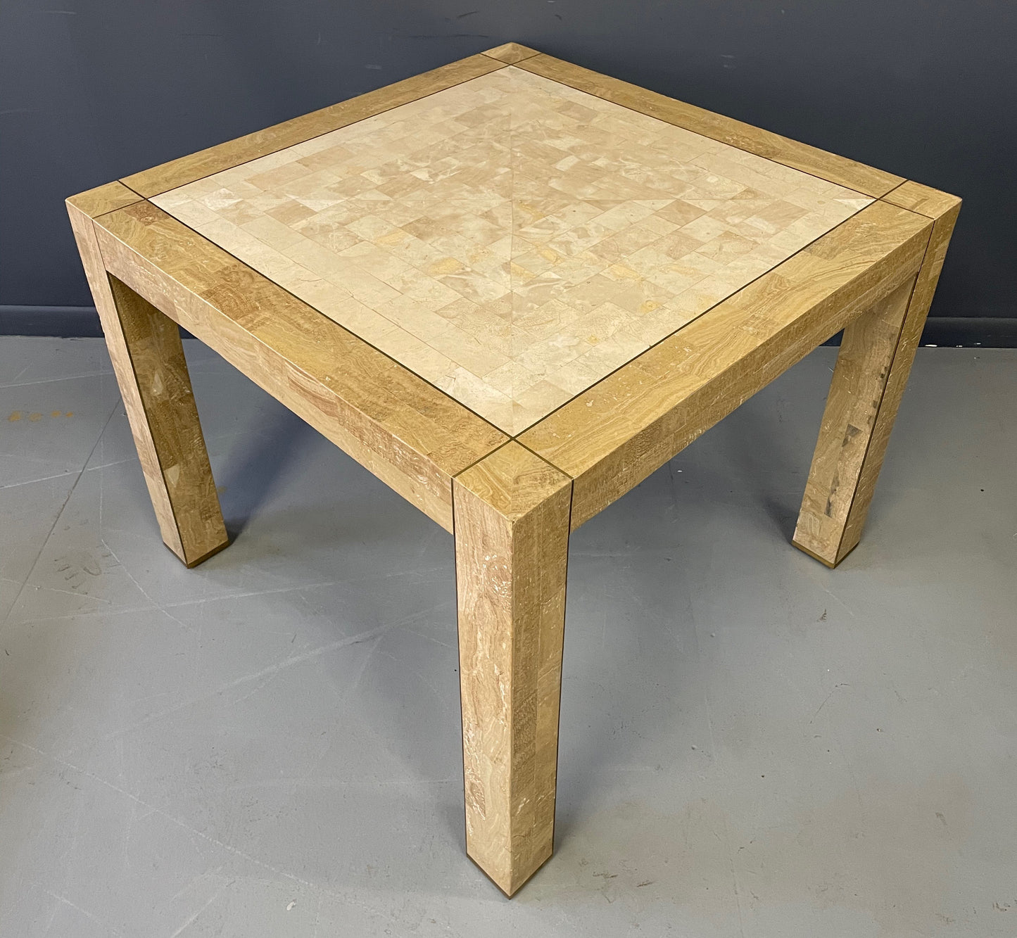 SOLD – Maitland-Smith Tesselated Stone and Brass Inlaid Game Table Mid century