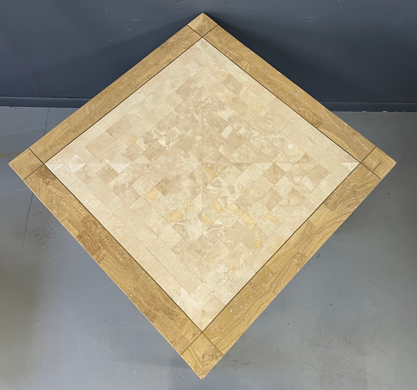 SOLD – Maitland-Smith Tesselated Stone and Brass Inlaid Game Table Mid century