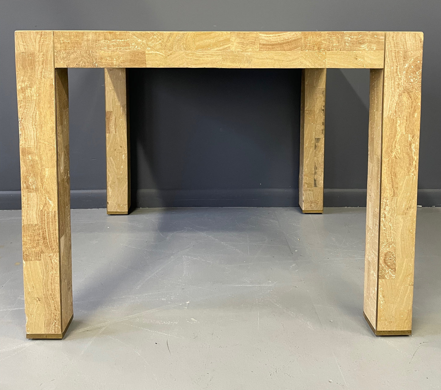 SOLD – Maitland-Smith Tesselated Stone and Brass Inlaid Game Table Mid century