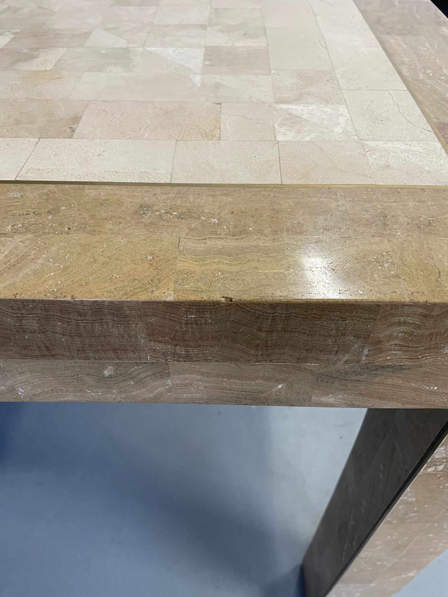 SOLD – Maitland-Smith Tesselated Stone and Brass Inlaid Game Table Mid century