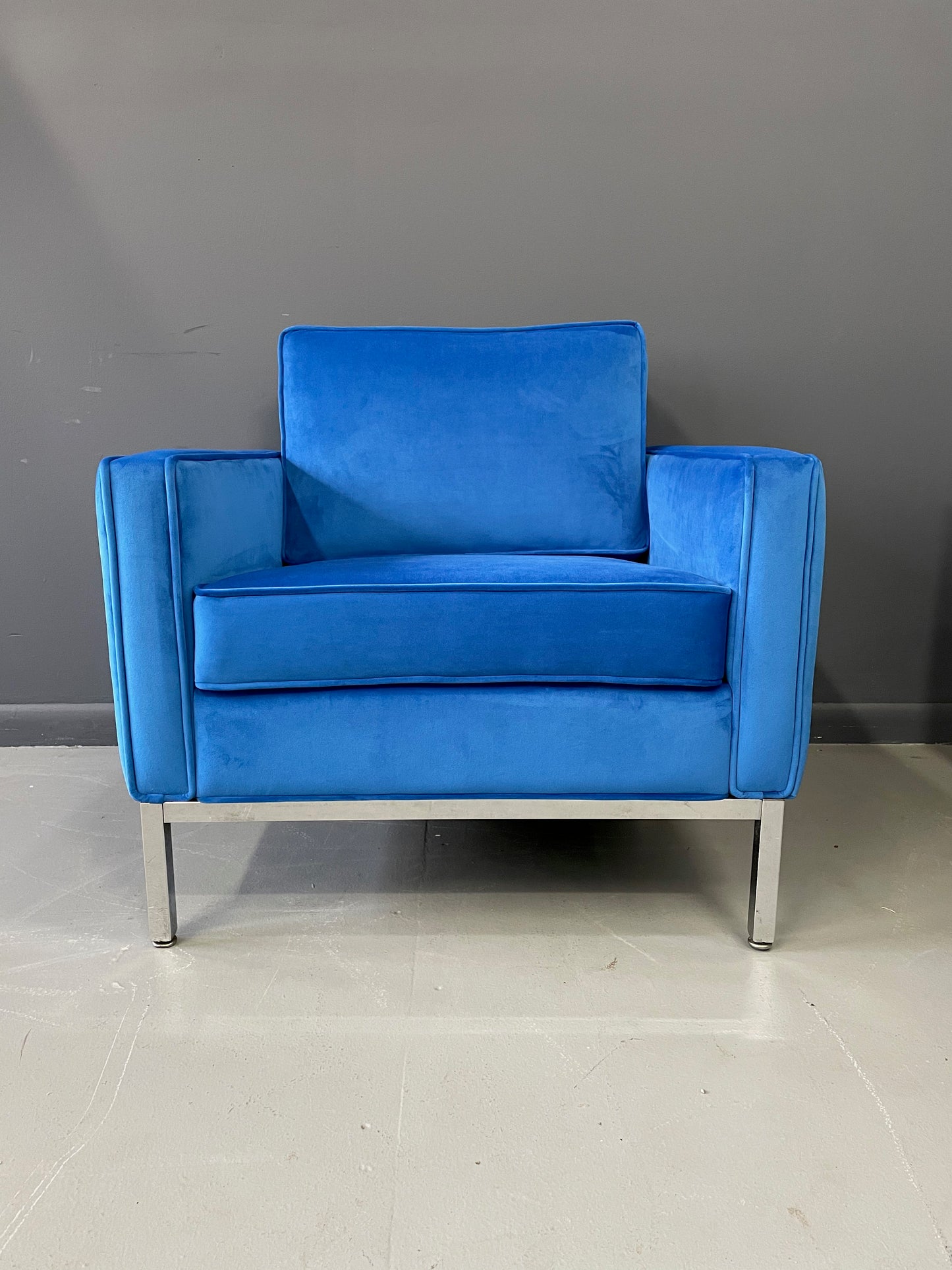 Steelcase Chromed Steel Lounge Chair Draped in Blue Velvet Mid Century