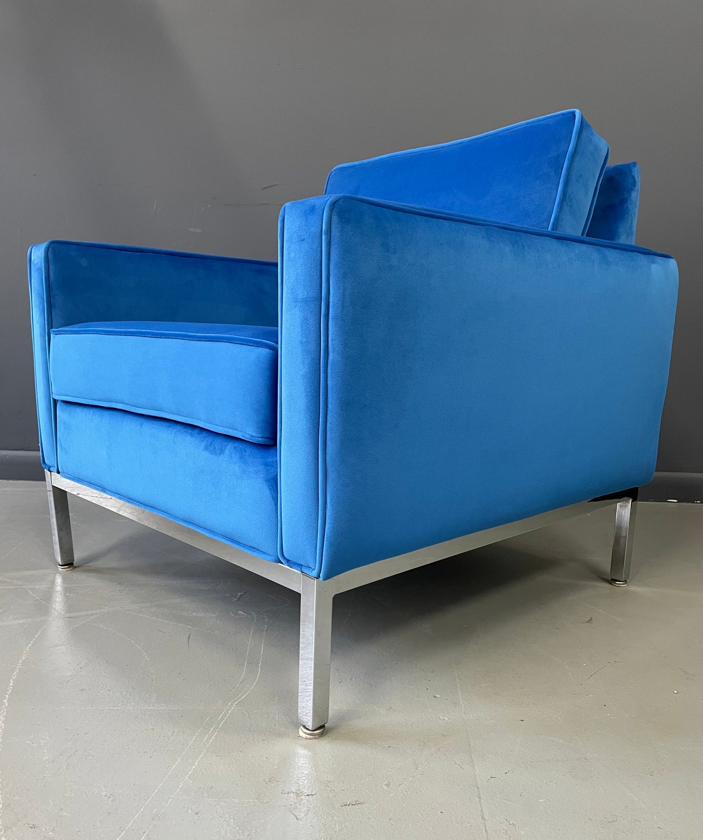 Steelcase Chromed Steel Lounge Chair Draped in Blue Velvet Mid Century