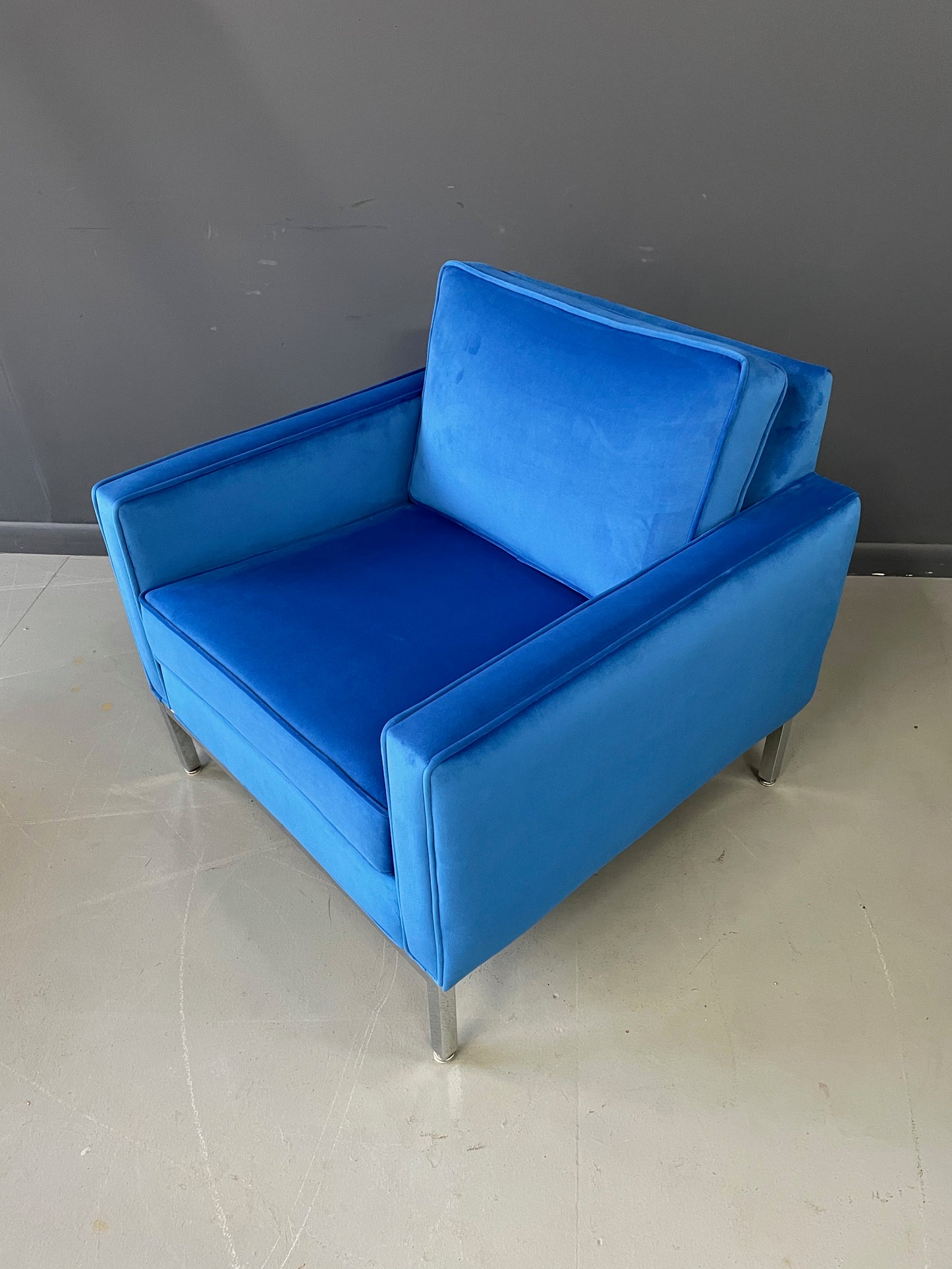 Steelcase Chromed Steel Lounge Chair Draped in Blue Velvet Mid Century